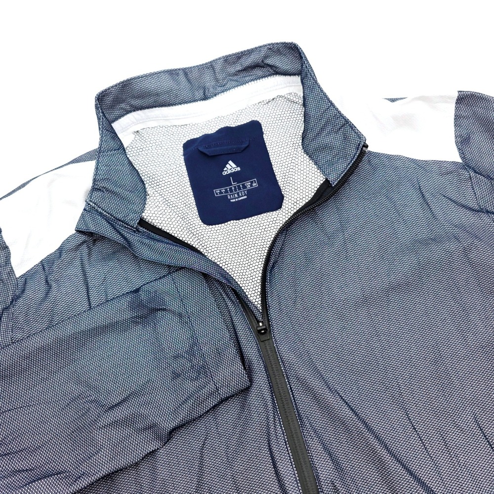 Adidas RAIN.RDY Golf Jacket Mens Large Navy Blue White Full Zip Windbreaker